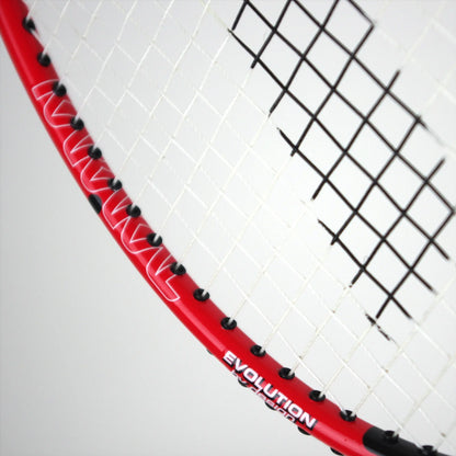 Close-up of a black and red badminton racket with "Karakal" on the frame featuring an aluminium head. The strings are white and form a crisscross pattern. The background is plain and light.