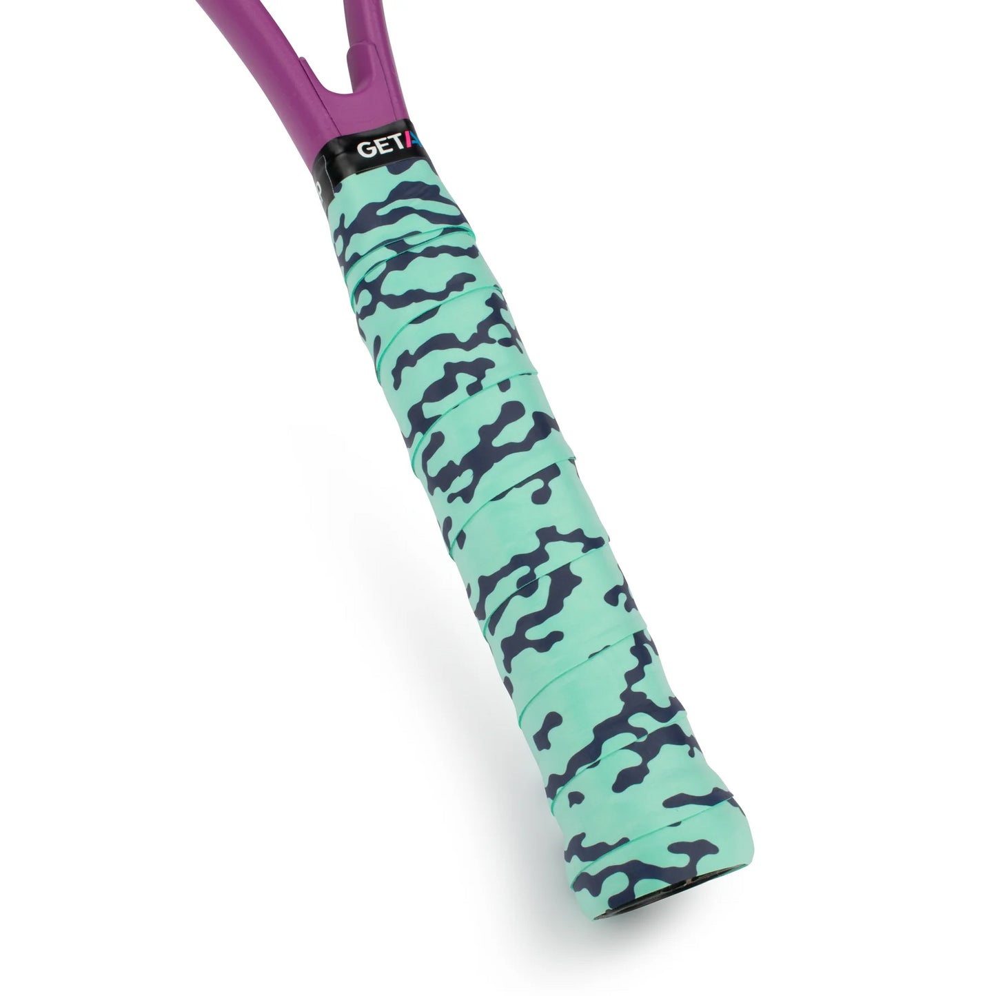 A close-up view showcases the handle of a tennis racket wrapped in a premium light blue and black camo-patterned grip. The handle features a non-slip top with a black band displaying "GET." The racket's frame, partially visible, displays an eye-catching purple color, reminiscent of the expertly designed Get A Grip Liquid Motion Badminton Overgrip in green.