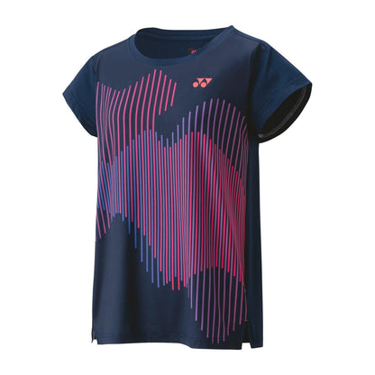 The Yonex 20764 Crew Neck Women's Badminton T-Shirt in Indigo Marine displays a dynamic geometric design with wavy pink and purple lines. This short-sleeve t-shirt has a crew neckline and incorporates VeryCool technology for UV protection, complete with a small logo on the chest.