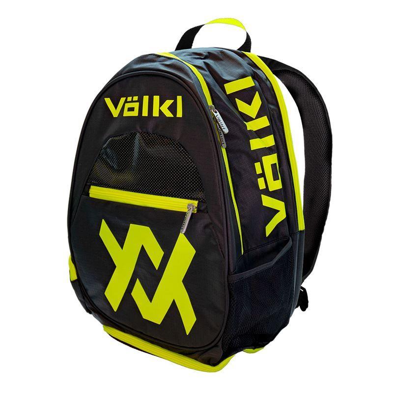 The Volkl Tour Badminton Backpack, available in black and neon yellow, showcases the "Völkl" branding and logo. This sporty and modern bag includes racket storage, a spacious main compartment, a smaller front zippered pocket, and mesh pockets on the sides.