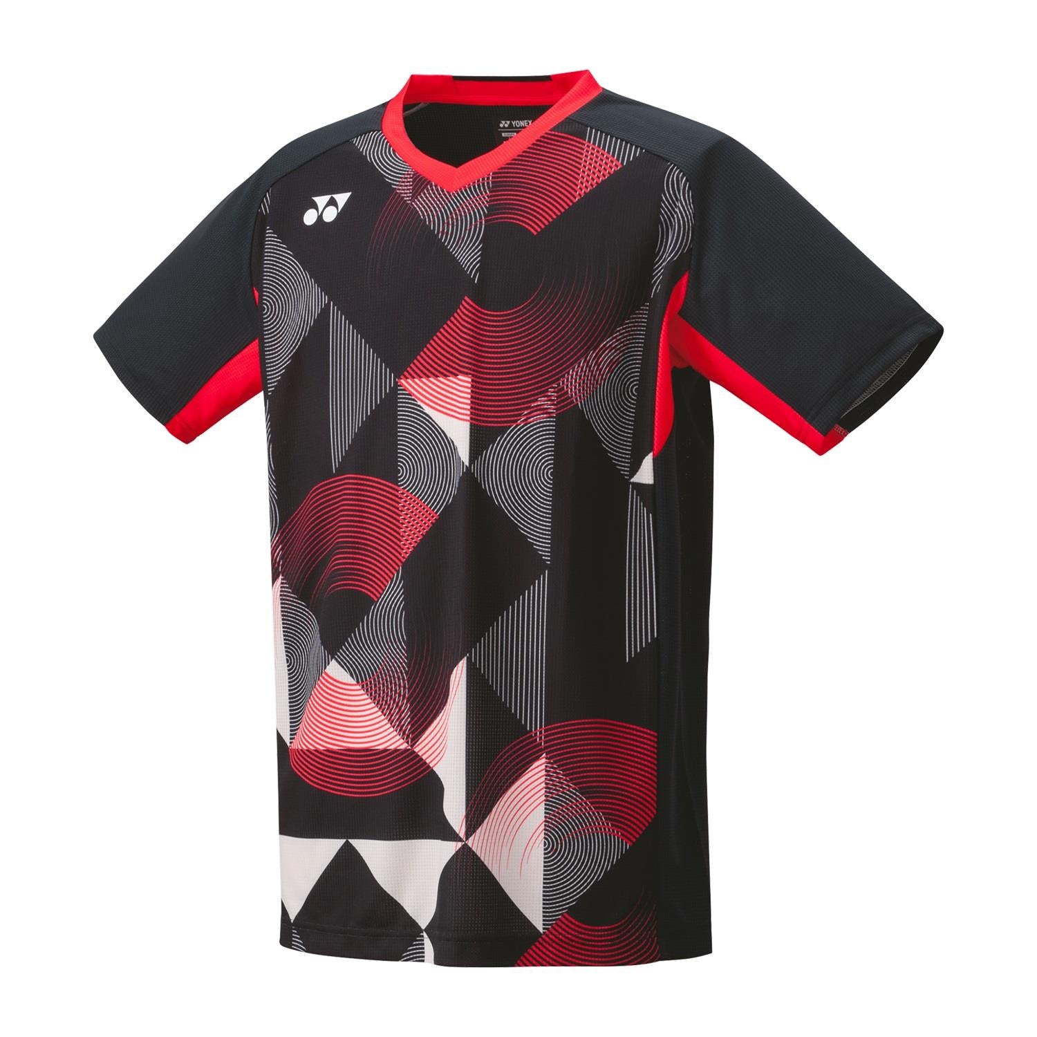 The Yonex 10576 Crew Neck Men's Badminton T-Shirt in black, featuring VeryCool Dry technology, displays a striking geometric pattern with abstract shapes in red, black, and white. Red accents adorn the sleeves and sides for added style and improved breathability.