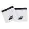 Displayed against a plain background are two Babolat Logo Wristbands in White/Rabbit, made from high-absorption terry material. These sleek bands feature black trim and logos, positioned slightly overlapping each other to accentuate their stylish design.