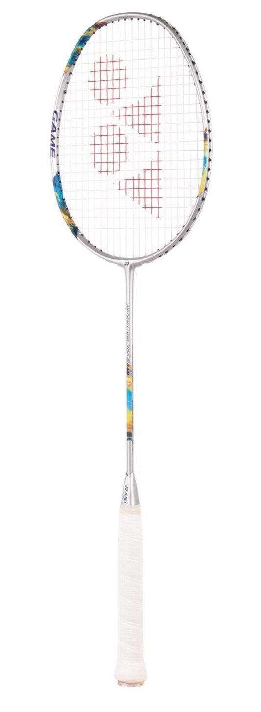 The Yonex Nanoflare 700 Game 4U badminton racket boasts a silver frame accented with vibrant colors on the shaft, making it ideal for intermediate players. The strings create a geometric pattern surrounding the bold red Yonex brand logo. Its grip, wrapped in white tape, enhances the overall sleek and sporty design.