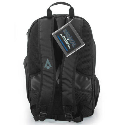 The Karakal Pro Tour 30 2.1 Badminton Backpack in Black and Blue includes padded shoulder straps, a top handle, and features the "Karakal" brand name along with a distinct "Racket Protection" design. Boasting a 30-litre capacity and two side mesh pockets, it’s ideal for carrying your essentials.