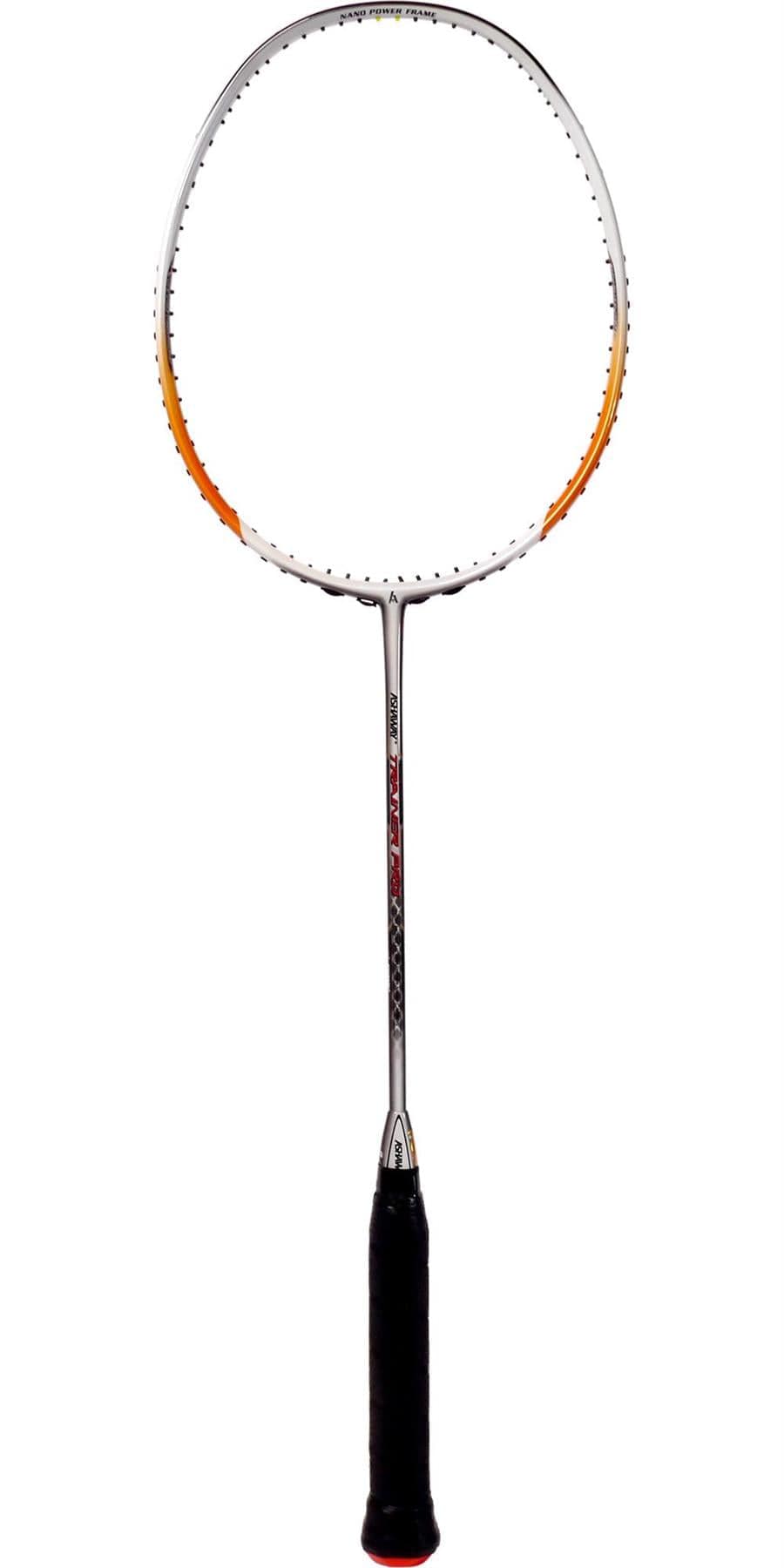 The Ashaway Trainer Pro Badminton Racket - Silver / Orange by Ashaway boasts a striking silver and orange frame, complemented by a black grip and finely strung strings. Made from Hi-Modulus Graphite, this racket is showcased vertically against a white background, highlighting its sophisticated design.