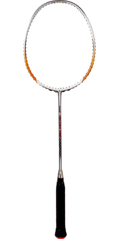 The Ashaway Trainer Pro Badminton Racket - Silver / Orange by Ashaway boasts a striking silver and orange frame, complemented by a black grip and finely strung strings. Made from Hi-Modulus Graphite, this racket is showcased vertically against a white background, highlighting its sophisticated design.