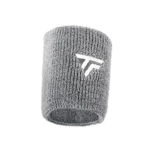 The Tecnifibre Wristband Sweatband XL in silver, from the brand Tecnifibre, showcases a distinctive white embroidered logo featuring two overlapping stylized "T" shapes. This absorbent sweatband is ideal for keeping you dry during intense workouts.