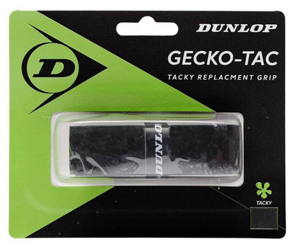 The Dunlop Gecko-Tac Replacement Badminton Grip, recognized for its superior control, comes in a stylish design. This black grip utilizes tacky surface technology and is presented in a clear plastic casing with green and black packaging that prominently displays the Dunlop logo and product details.