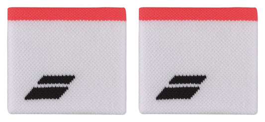 The Babolat Logo Wristband in White/Strike Red showcases two comfortable sports accessory wristbands featuring a black Babolat logo and red trim at the top. These absorbent wristbands are presented side by side against a pristine white background.