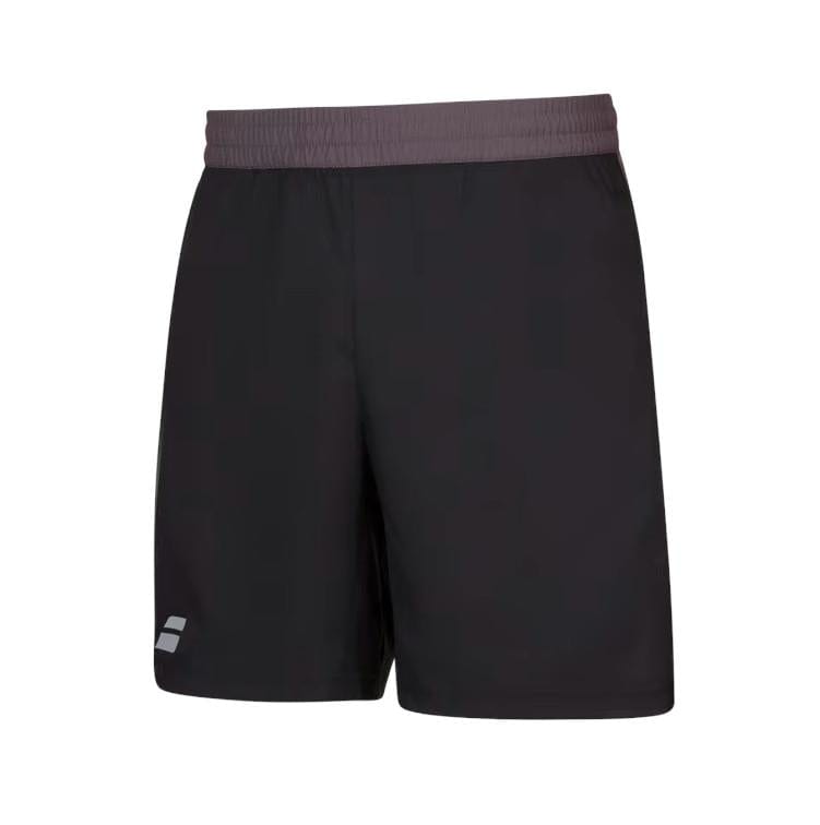 The Babolat Play Mens Shorts - Black from Babolat feature a sleek design using black athletic fabric paired with a dark gray elastic waistband. These shorts are enhanced with Fiberdry technology and have a small, reflective logo on the left leg near the hem to ensure visibility in low light conditions.