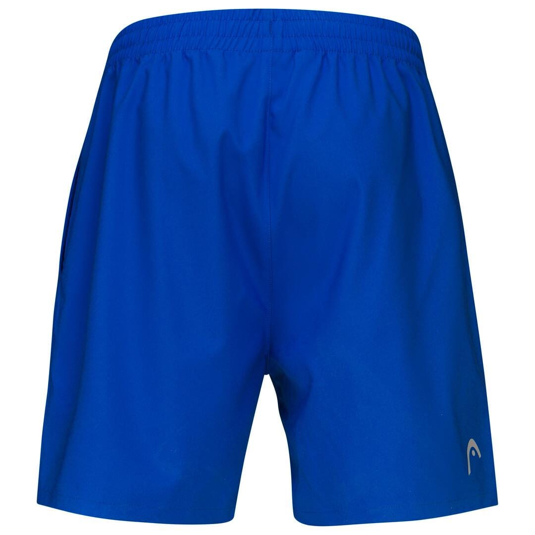 The HEAD Club Men's Badminton Shorts in Royal Blue showcase an elastic waistband and moisture-wicking microfibre fabric for optimal comfort during play. Ideal for badminton, these shorts also feature a small white logo near the bottom hem, blending style and functionality for both sporting activities and casual wear.