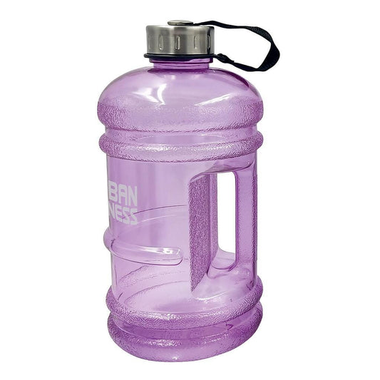 The Urban Fitness Quench 2.2L Water Bottle in Orchid is a spacious, translucent purple bottle that comes with a screw-on gray lid and a black strap. It features a convenient side handle and is BPA-free, proudly displaying the "Urban Fitness" brand name to keep you hydrated wherever you go.