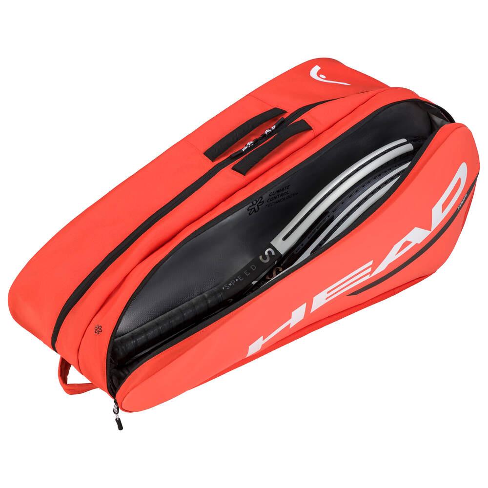 A roomy HEAD Tour badminton racket bag in fluorescent orange is displayed, holding two rackets inside. It comes with a black zipper and handle, specifically crafted for sports equipment, complete with climate control technology to provide optimal protection.