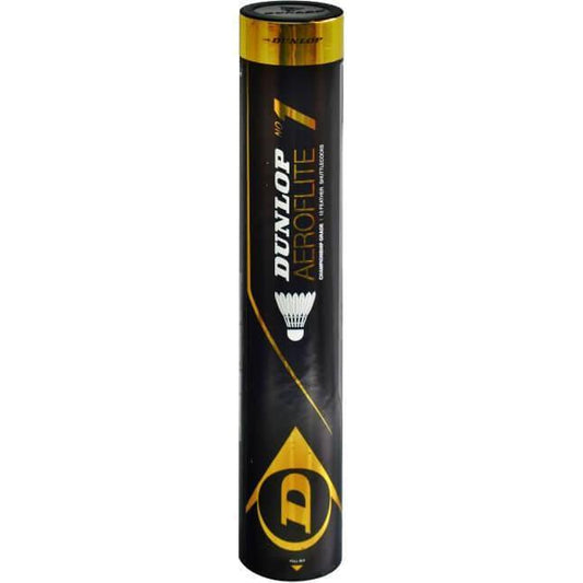 A cylindrical container of Dunlop Aeroflite No.1 badminton feather shuttles, packaged in a striking black and gold design with the Dunlop logo and featuring an image of a goose feather shuttlecock, ideal for competitive play.