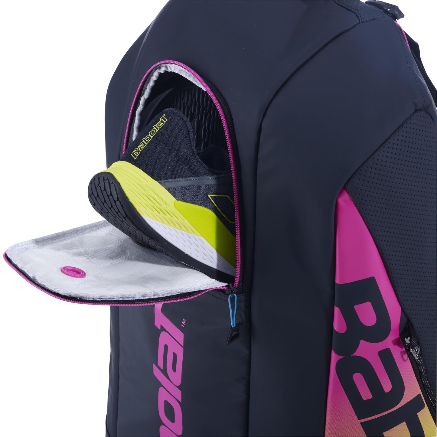 A blue, yellow, and pink Babolat RH6 Pure Aero Rafa II Badminton Bag from Babolat features an open compartment showcasing a pair of sneakers with black and yellow soles.