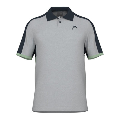 Introducing the HEAD Performance Play Tech Men's Polo Shirt - GRCE, a gray short-sleeve polo from HEAD that expertly blends style and functionality. Designed with enhanced breathability and microfiber for efficient moisture transfer, it features dark blue sleeve sections paired with light green cuffs and is adorned with a small logo on the left chest. Ideal for any active day!