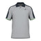 Introducing the HEAD Performance Play Tech Men's Polo Shirt - GRCE, a gray short-sleeve polo from HEAD that expertly blends style and functionality. Designed with enhanced breathability and microfiber for efficient moisture transfer, it features dark blue sleeve sections paired with light green cuffs and is adorned with a small logo on the left chest. Ideal for any active day!