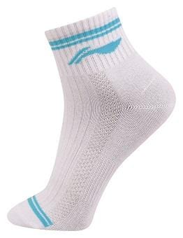 The Li-Ning Women's Sports Socks, available in a 2-pack with a white design accented by pink and blue details, feature a ribbed texture along with striped accents around the cuff and toe area, ensuring breathability and comfort with every step.