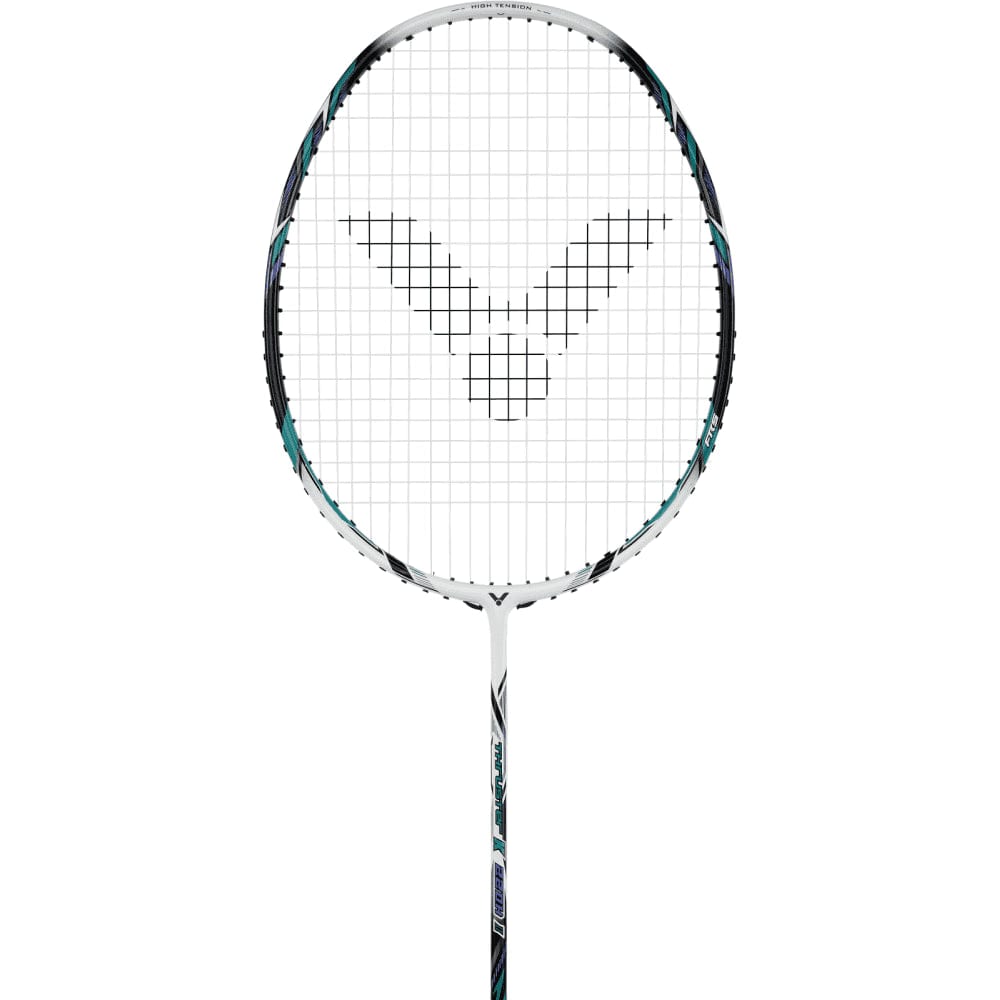 The Victor Thruster 220H II Badminton Racket - White Smoke from Victor showcases a white frame accented with sleek black strings and a stylish logo pattern at its center. The shaft features an artistic design in black, white, and teal. Ideal for Powerbox play, this racket makes a striking impression against the plain white background.