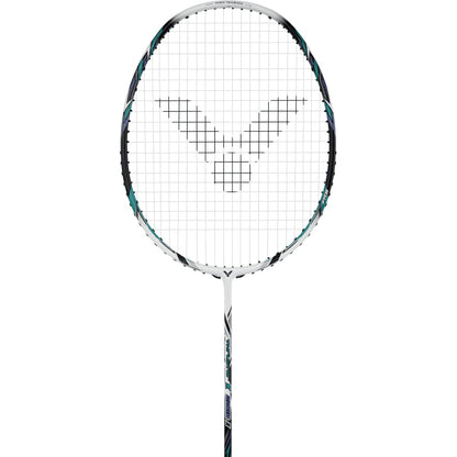 The Victor Thruster 220H II Badminton Racket - White Smoke from Victor showcases a white frame accented with sleek black strings and a stylish logo pattern at its center. The shaft features an artistic design in black, white, and teal. Ideal for Powerbox play, this racket makes a striking impression against the plain white background.