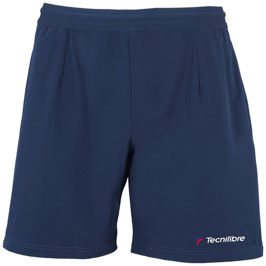 Introducing the Tecnifibre Mens Stretch Shorts in Marine Blue. These shorts boast a high stretch design with an elastic waistband and are crafted from a blend of polyester and elastane. The "Tecnifibre" logo in white and pink is prominently displayed near the bottom right hem.