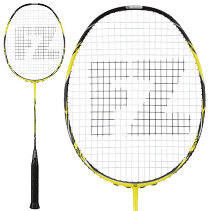 The FZ Forza Precision X11 Badminton Racket - Buttercup features a striking yellow and black design with "FZ" prominently displayed on the strings. Made from ultra high modulus graphite, this racket includes a black grip handle and is showcased in two views: one displaying its full length and another offering a close-up of the head.