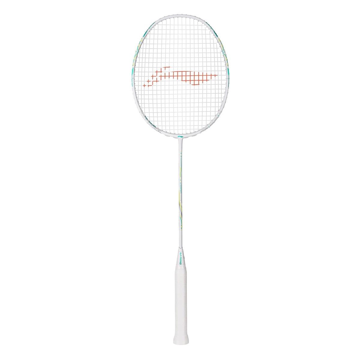 The Li-Ning Axforce 60 4U Badminton Racket in white features a stylish frame and netting with an understated design on the head. Enhanced with FRTP technology, it comes with a white grip handle. Set vertically against a simple white backdrop, it radiates sophistication and precision.