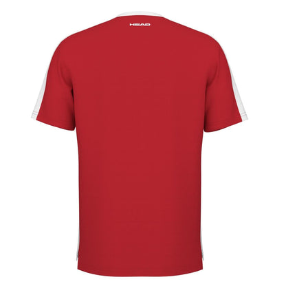 Rear view of the red HEAD Vision Slice Men's Badminton T-Shirt showcasing white side detailing and a subtle logo on the upper back. Designed with Sportswear MXM Technology, it incorporates Moisture Transfer Microfiber to maintain coolness during rigorous activities.