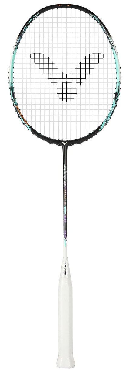 The Victor Auraspeed 90K Metallic 4U Badminton Racket by Victor, available in a sleek Black and Blue finish, features a distinct design with a white handle and black shaft. Its V-shaped core pattern is complemented by vibrant accents at the top, providing outstanding shock absorption for superior performance on the court.