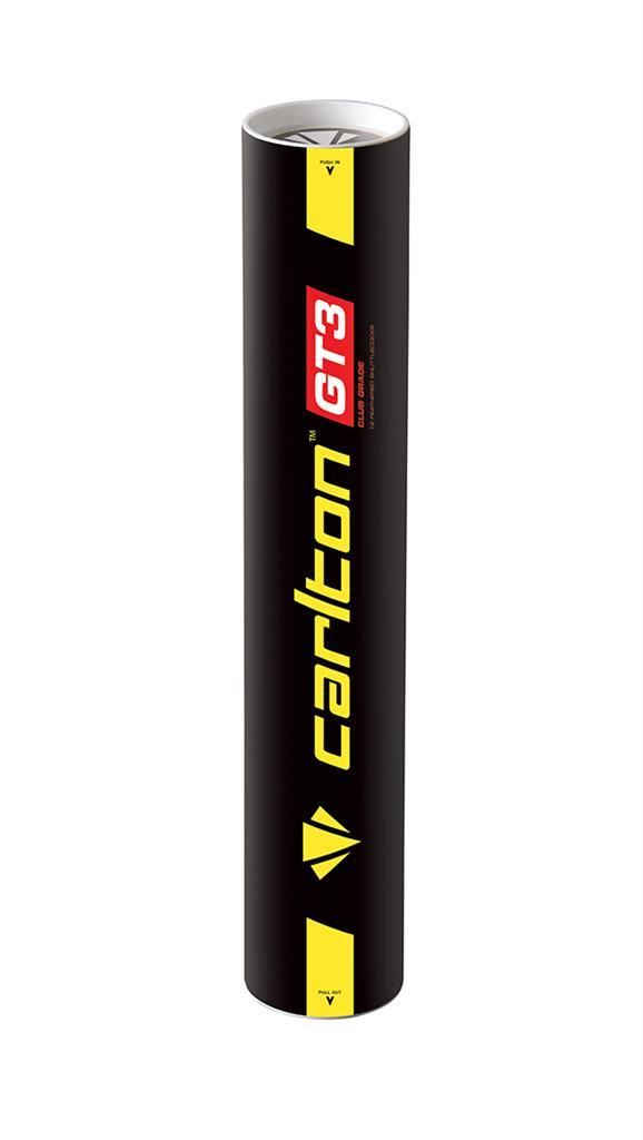 The Carlton GT3 White Feather Shuttlecocks, available in a set of 12, come packaged in a sleek black cylinder featuring bold yellow text, ensuring they catch the eye during club play. Known for their impressive durability, these Carlton shuttlecocks deliver outstanding performance across extended matches.