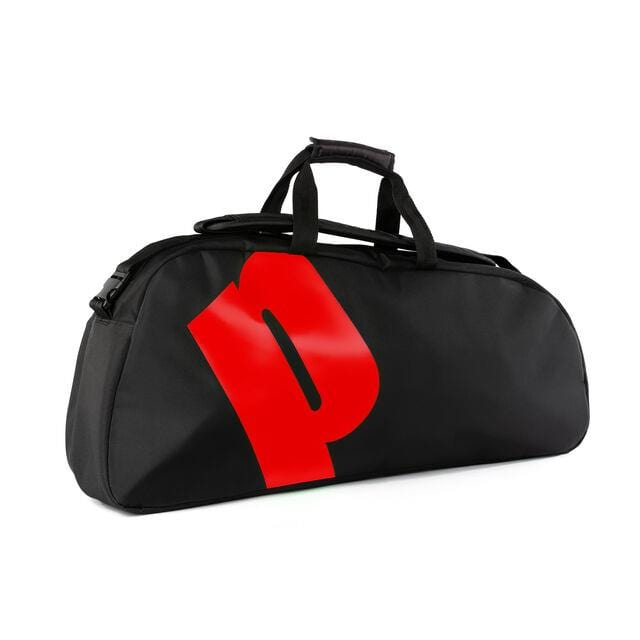 The Prince Tour 1 Comp 3 Racket Badminton Bag in red is designed for carrying your badminton gear, featuring a large red "P" on its side against a black background. This bag includes dual handles and a shoulder strap, all showcased against a white background.