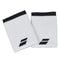 A pair of Babolat Logo Jumbo Wristbands in white with rabbit detail, featuring black edges and a small black logo on each. These wristbands provide high absorption and court comfort, displayed flat side by side against a plain backdrop.