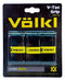 The packaging of the Volkl V-Tac Badminton Overgrip - 3 Pack - Black includes three ultra-thin and highly tacky badminton overgrips. Each grip is wrapped with a yellow Völkl branded band against a sleek black background, showcasing the text "V-Tac Grip" and "Over Grips.