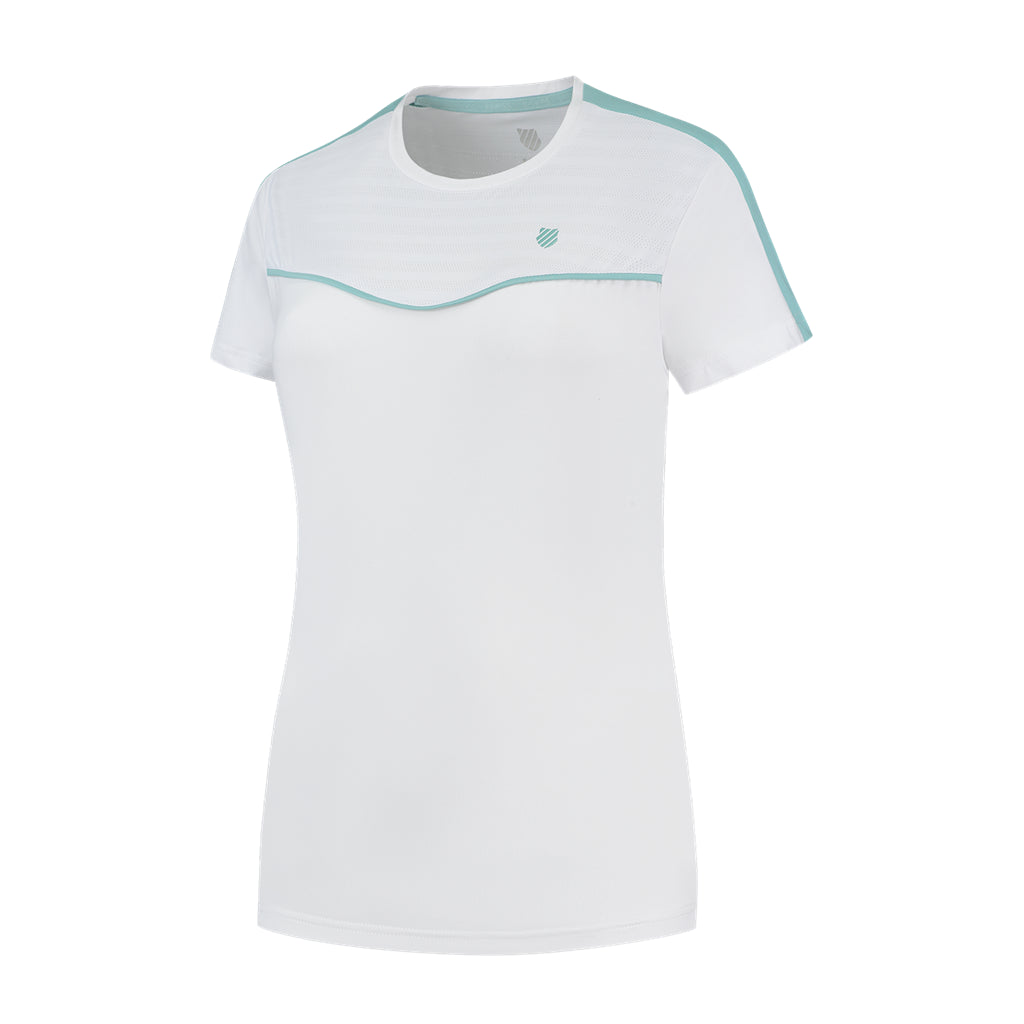 The K-Swiss Tac Hypercourt Round Neck Badminton Top 2 in white, with its light blue trim and subtle wave design on the front, is crafted from lightweight, breathable fabric. It's ideal for activities like badminton or casual wear.