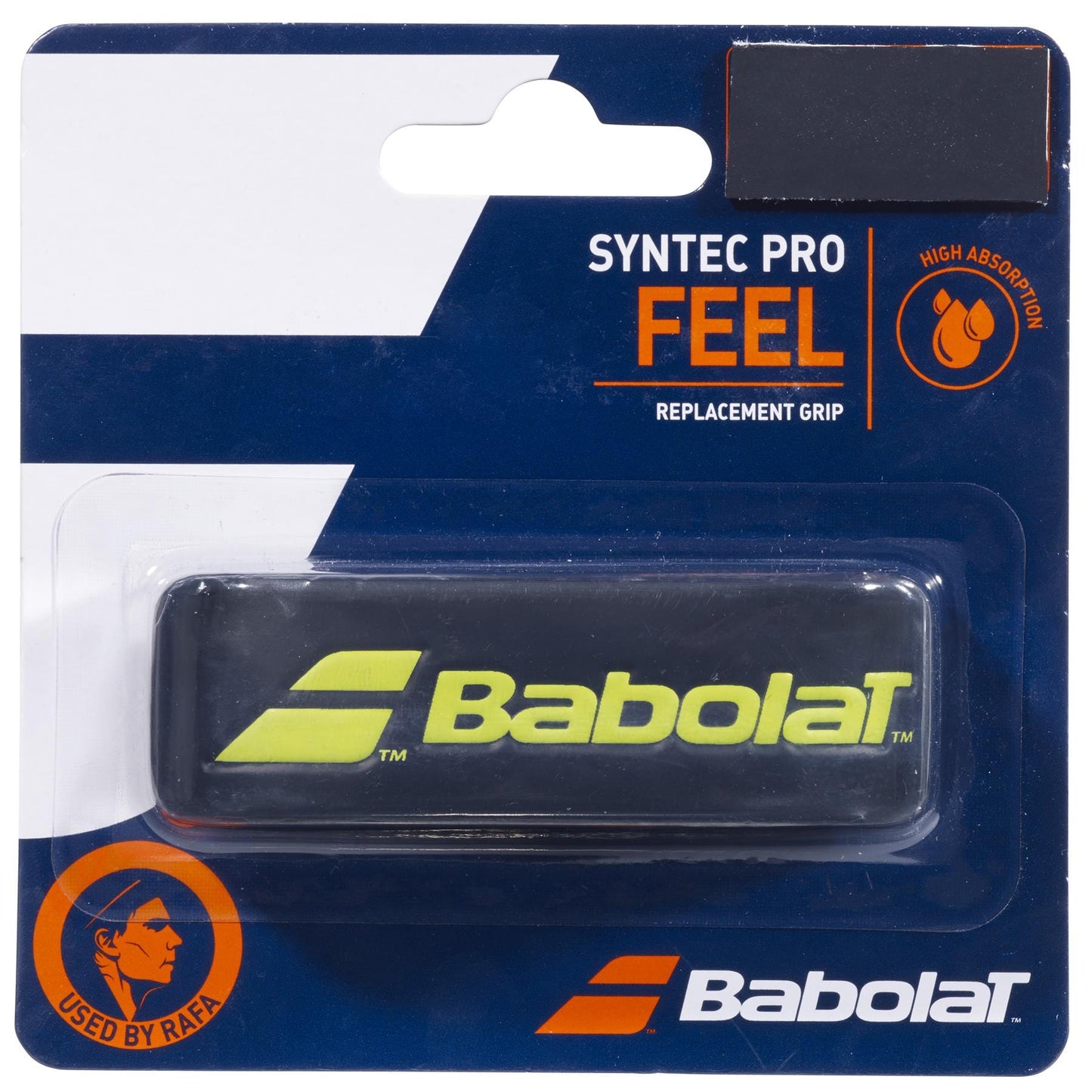 The Babolat Syntec Pro X1 Replacement Badminton Grip offers excellent absorption, ideal for players looking for an absorbent grip. The packaging features a striking black and yellow design, highlighted by the classic Babolat logo.