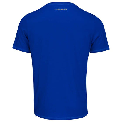 Introducing the HEAD Club Basic Men's Badminton T-Shirt in Navy, crafted from a comfortable blend of polyester and cotton with short sleeves. The back view displays a small "HEAD" print logo elegantly placed at the top center near the neck.