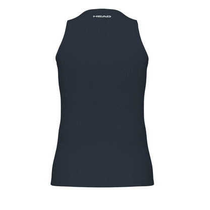 The HEAD Performance Women's Badminton Tank Top in navy showcases a sleeveless design with a high collar and the iconic "HEAD" logo on the upper back. Crafted from moisture-transfer microfibre, it delivers exceptional comfort and performance for workouts.