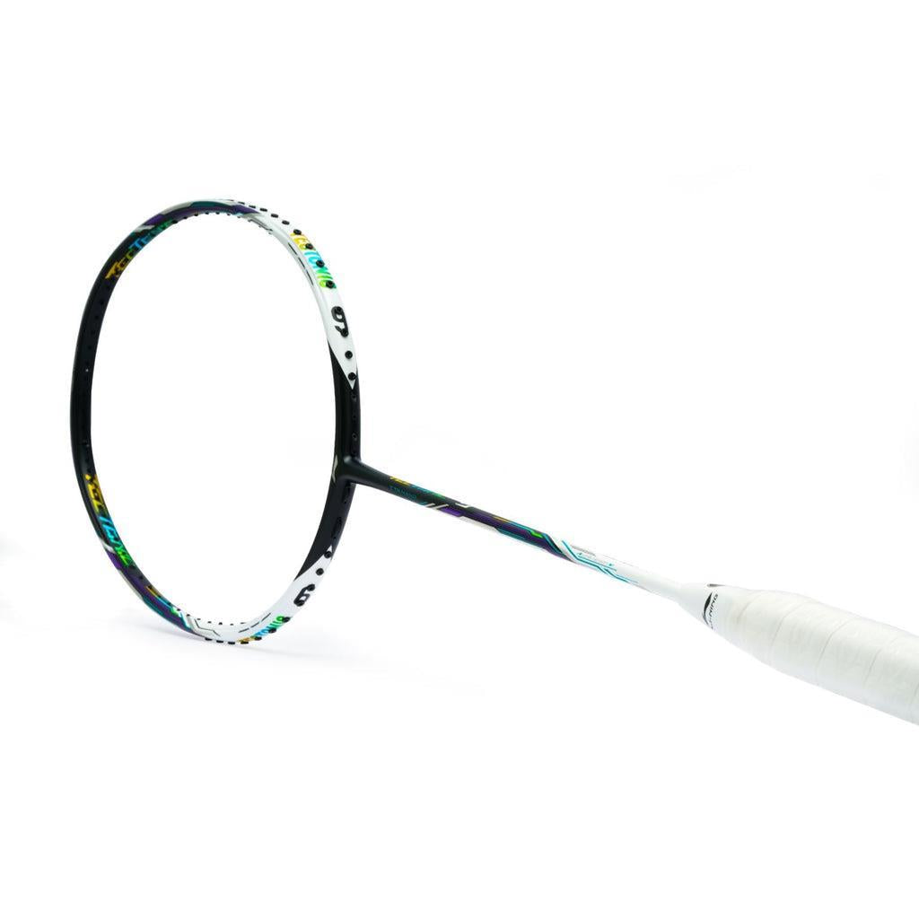 The Li-Ning Tectonic 9 3U Badminton Racket, with its black and silver design, is highlighted against a plain white background. It features Energy Absorption Rebound Technology for enhanced performance and boasts a sleek design with a white grip handle, black frame, and colorful accents on the shaft and head.