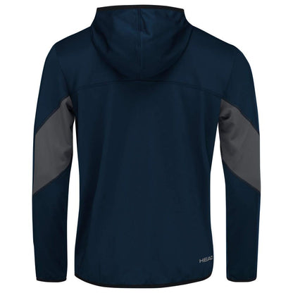 The HEAD Club 22 Mens Tech Hoodie in dark blue includes a hood and gray panels on the sleeves. "HEAD" is prominently displayed on the lower back, showcasing the jacket from behind. This hoodie features Moisture Transfer Microfibre technology to improve comfort.