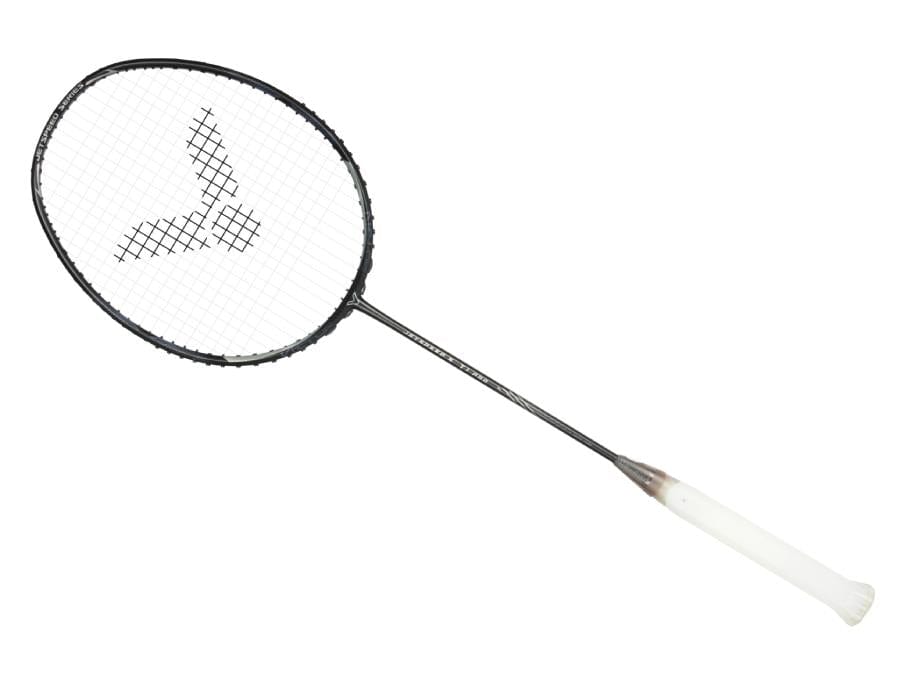 The Victor Jetspeed T1 Pro C 4U badminton racket by Victor, which features Aero-Sword technology, showcases a sleek black and grey design with a white grip and an emblem on the strings, all presented against a pristine white background.