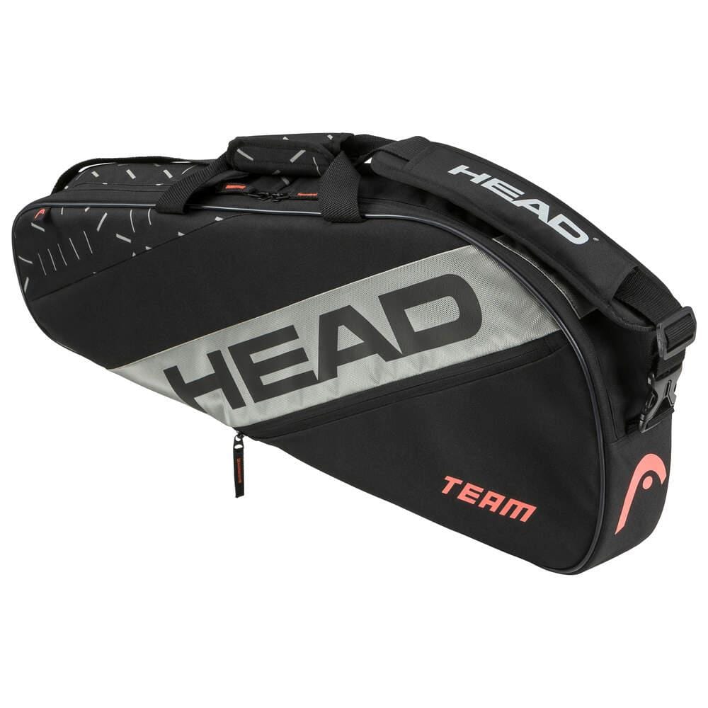 The HEAD Team 3 Racket Badminton Bag S - BKCC, a stylish black and gray bag, prominently displays the "HEAD" logo and the word "TEAM." It is equipped with an adjustable shoulder strap and a convenient handle for easy transport.