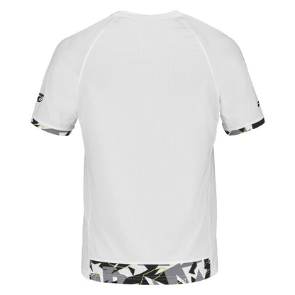 The back view of the Babolat Aero Crew Neck Men's Badminton T-Shirt in white showcases geometric patterns in black, gray, and yellow on the sleeves and bottom. This shirt features logos on the sleeves and offers a simple design with short sleeves and a round neckline. It is crafted with FiberDry fabric to ensure you stay cool and comfortable.