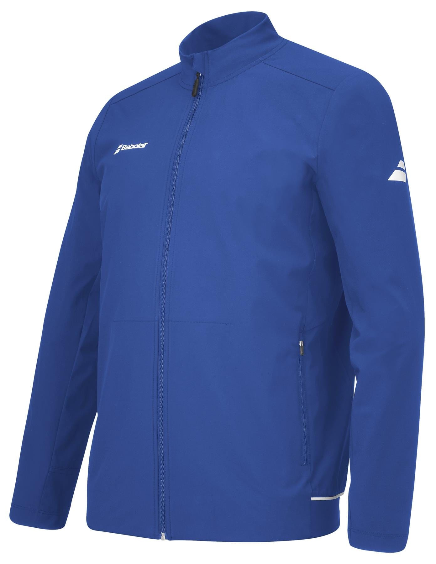 The Babolat Play Men's Badminton Jacket in Sodalite Blue is crafted from recycled polyester and features a zip-up design with a high collar and long sleeves. It includes two side pockets and is adorned with small white logos on the chest and upper sleeve, presented against a white background for a stylish yet sustainable choice.