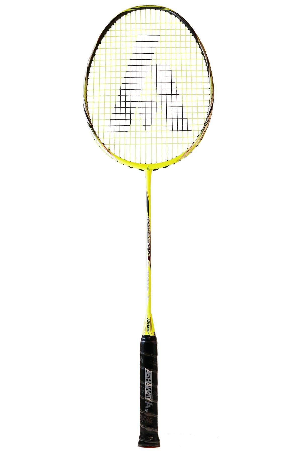 The Ashaway Phantom X-Speed III Badminton Racket in yellow features a black grip and a patterned string area with a stylized logo centered on the strings. Its sleek frame incorporates the Ashaway Phantom Airflow System to enhance speed.