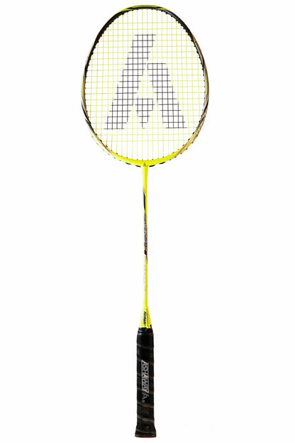 The Ashaway Phantom X-Speed III Badminton Racket in yellow features a black grip and a patterned string area with a stylized logo centered on the strings. Its sleek frame incorporates the Ashaway Phantom Airflow System to enhance speed.