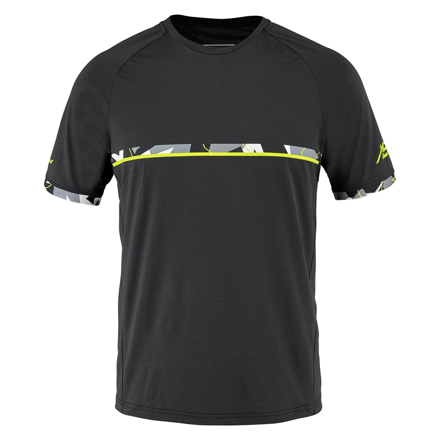 The Babolat Aero Crew Neck Men's Badminton T-Shirt in black, designed for racket sports, showcases short sleeves and a stylish geometric pattern in gray and neon yellow across the chest and cuffs. Crafted from Fiber Dry-polyester, it delivers a lightweight and breathable experience ideal for active days.