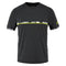 The Babolat Aero Crew Neck Men's Badminton T-Shirt in black, designed for racket sports, showcases short sleeves and a stylish geometric pattern in gray and neon yellow across the chest and cuffs. Crafted from Fiber Dry-polyester, it delivers a lightweight and breathable experience ideal for active days.