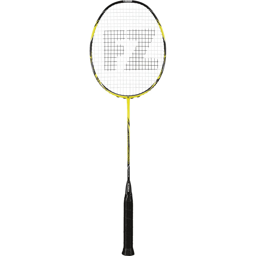 The FZ Forza Precision X11 Badminton Racket - Buttercup by FZ Forza features a stylish black and yellow design with "FZ" printed on the strings. The handle is black, complementing the predominantly yellow frame.