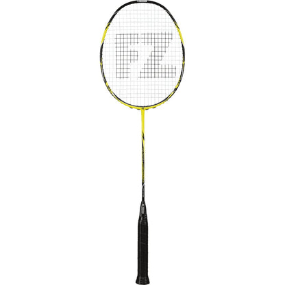 The FZ Forza Precision X11 Badminton Racket - Buttercup by FZ Forza features a stylish black and yellow design with "FZ" printed on the strings. The handle is black, complementing the predominantly yellow frame.