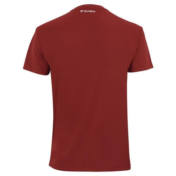 Cardinal short-sleeved Tecnifibre Men's Team Tech Badminton T-Shirt featuring a small logo on the upper back. Crafted from polyester knit, the fabric presents a smooth and lightweight texture to enhance freedom of movement. The T-shirt is displayed from the back.